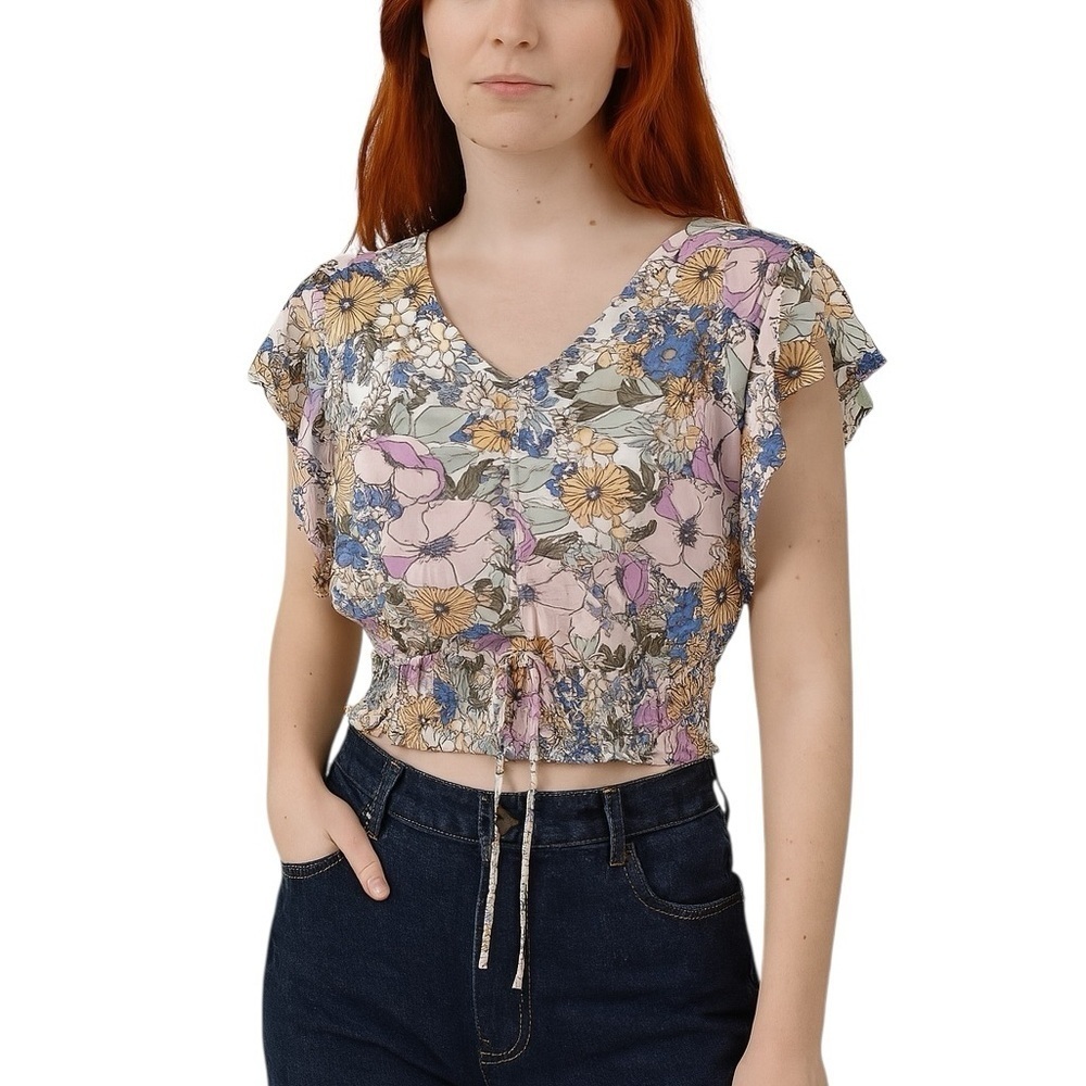 Monteau Medium Floral Cropped Ruffle Sleeve Shirt Blouse Casual Boho Flattering